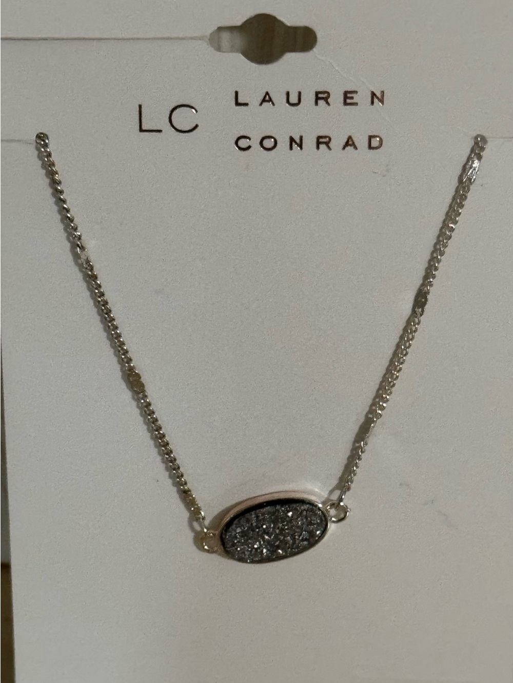 LC Lauren Conrad Gunmetal Druzy Oval Pendant Necklace NEW